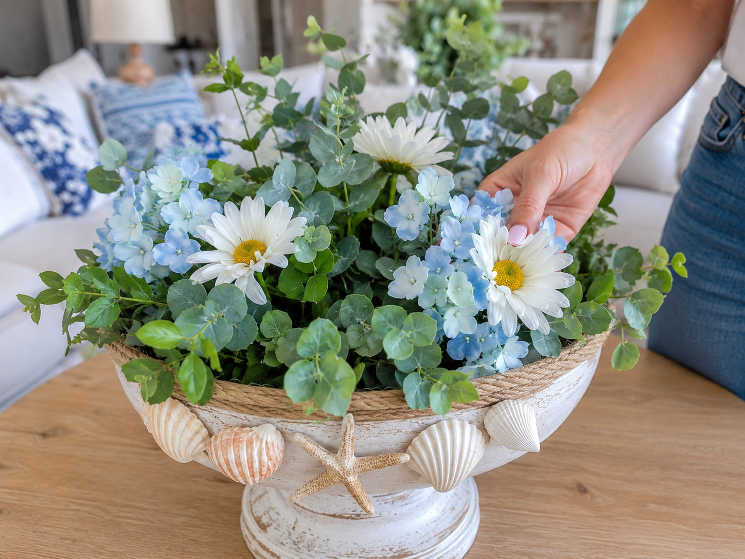 How to add hydrangeas & daisies - DIY Coastal Lemon Pedestal Centerpiece DIY tutorial