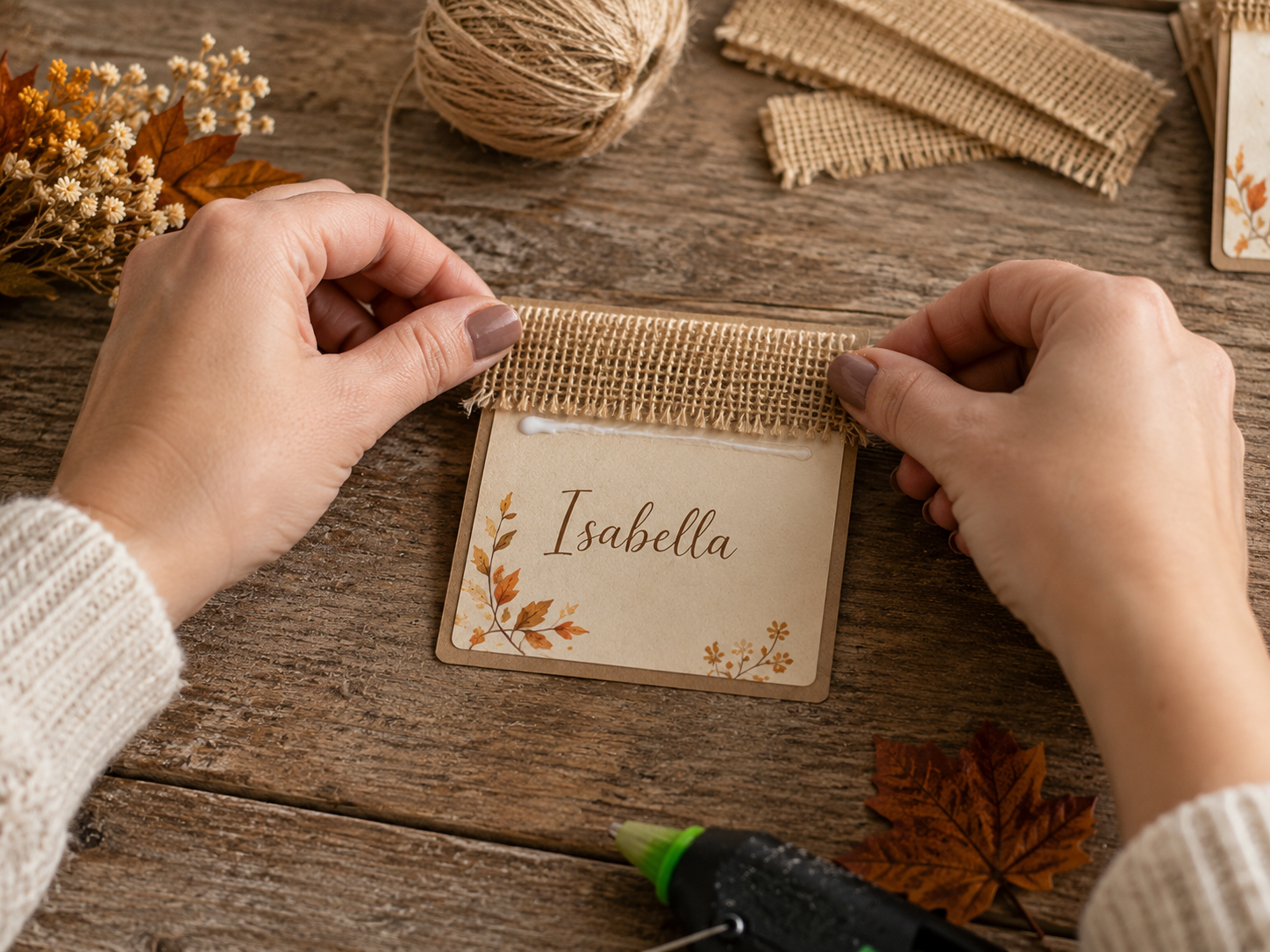 How to attach frayed burlap band - DIY Rustic Autumn Wedding Place Cards (Dollar Tree Style) DIY tutorial