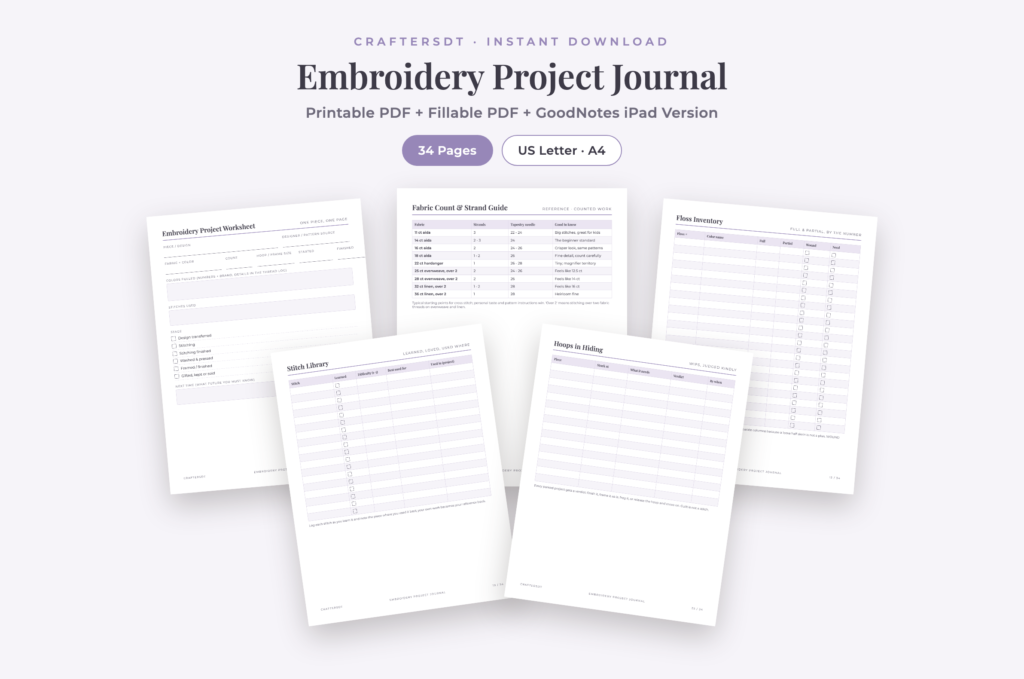 Five embroidery journal pages showing a project worksheet, fabric count guide, floss inventory, stitch library and unfinished hoop tracker