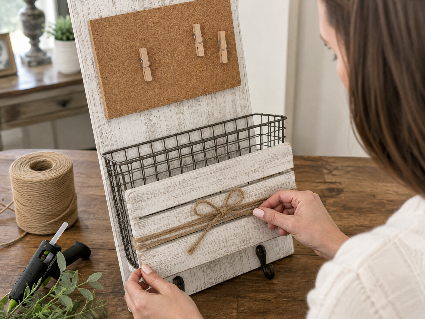 How to embellish top with jute & greenery - Farmhouse Charm: DIY Wall Mail Organizer & Memo Station DIY tutorial