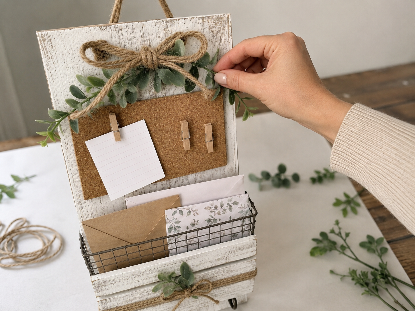 How to accent mail holder with jute - Farmhouse Charm: DIY Wall Mail Organizer & Memo Station DIY tutorial