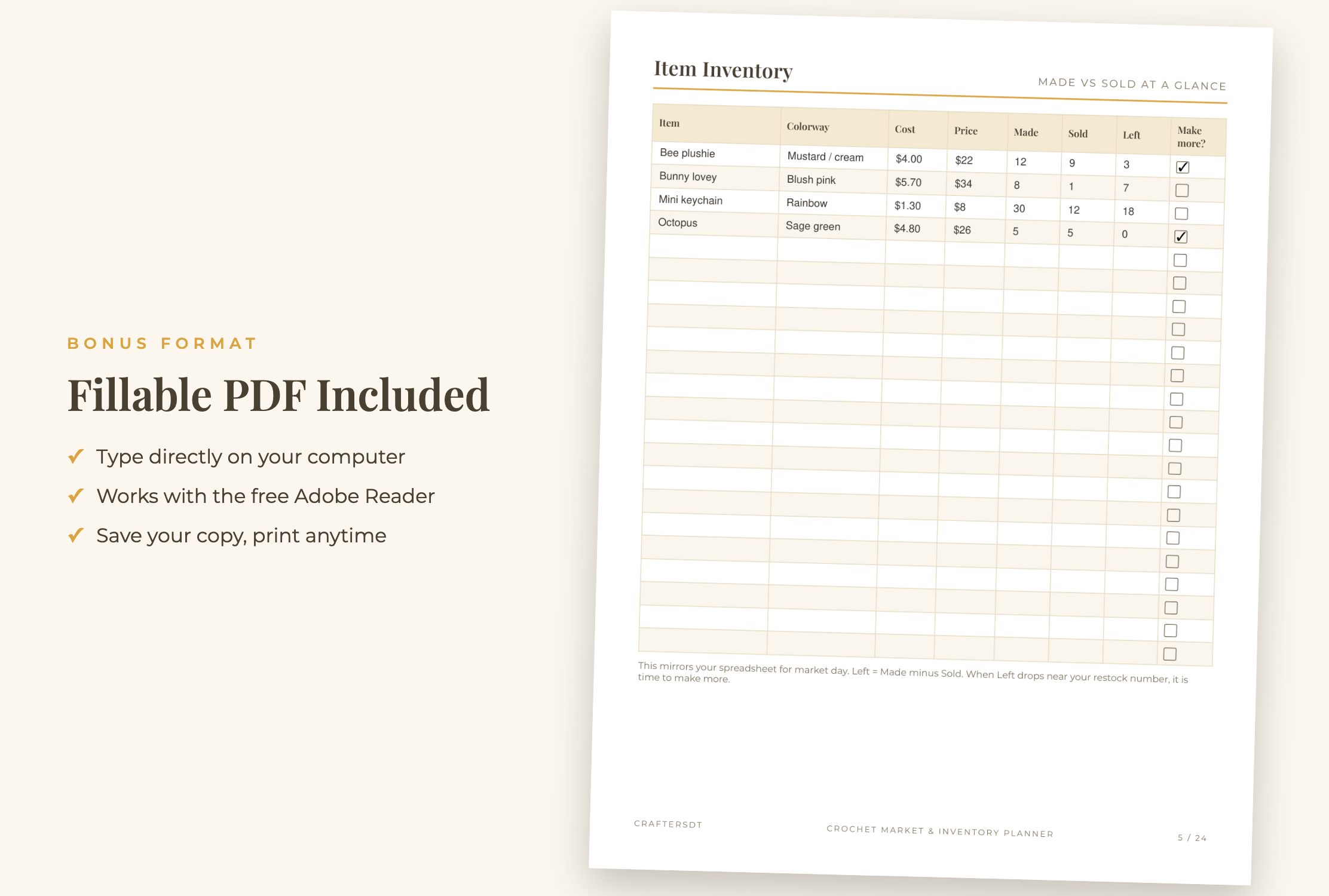 Typed crochet item inventory page showing made, sold, remaining and restock fields