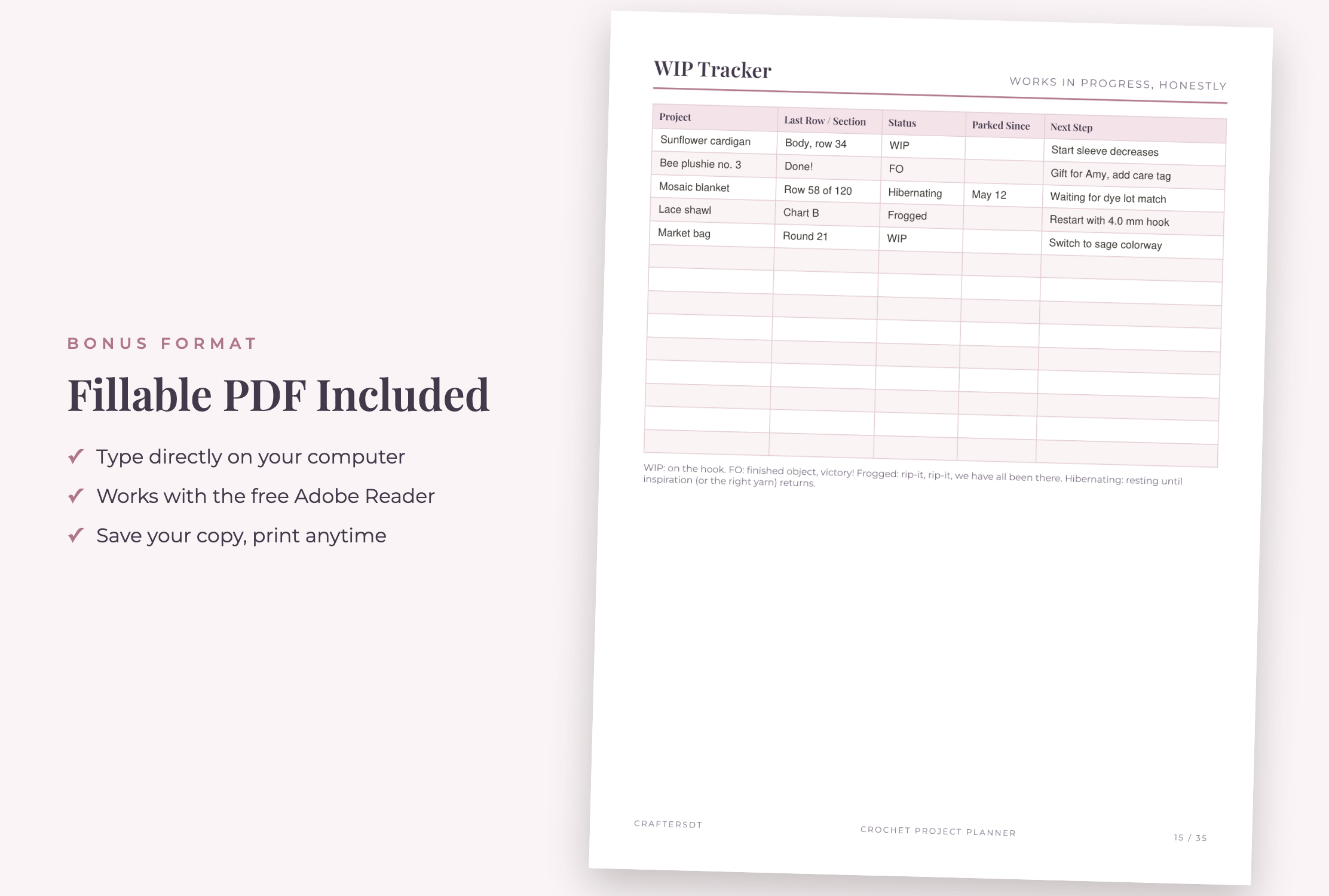 Laptop displaying a typed crochet WIP tracker in a fillable PDF