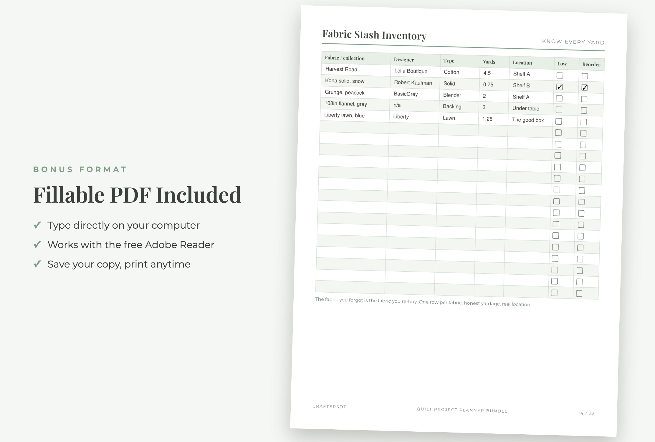 Typed fabric stash inventory listing collections, designers, fabric types, yardage and storage locations