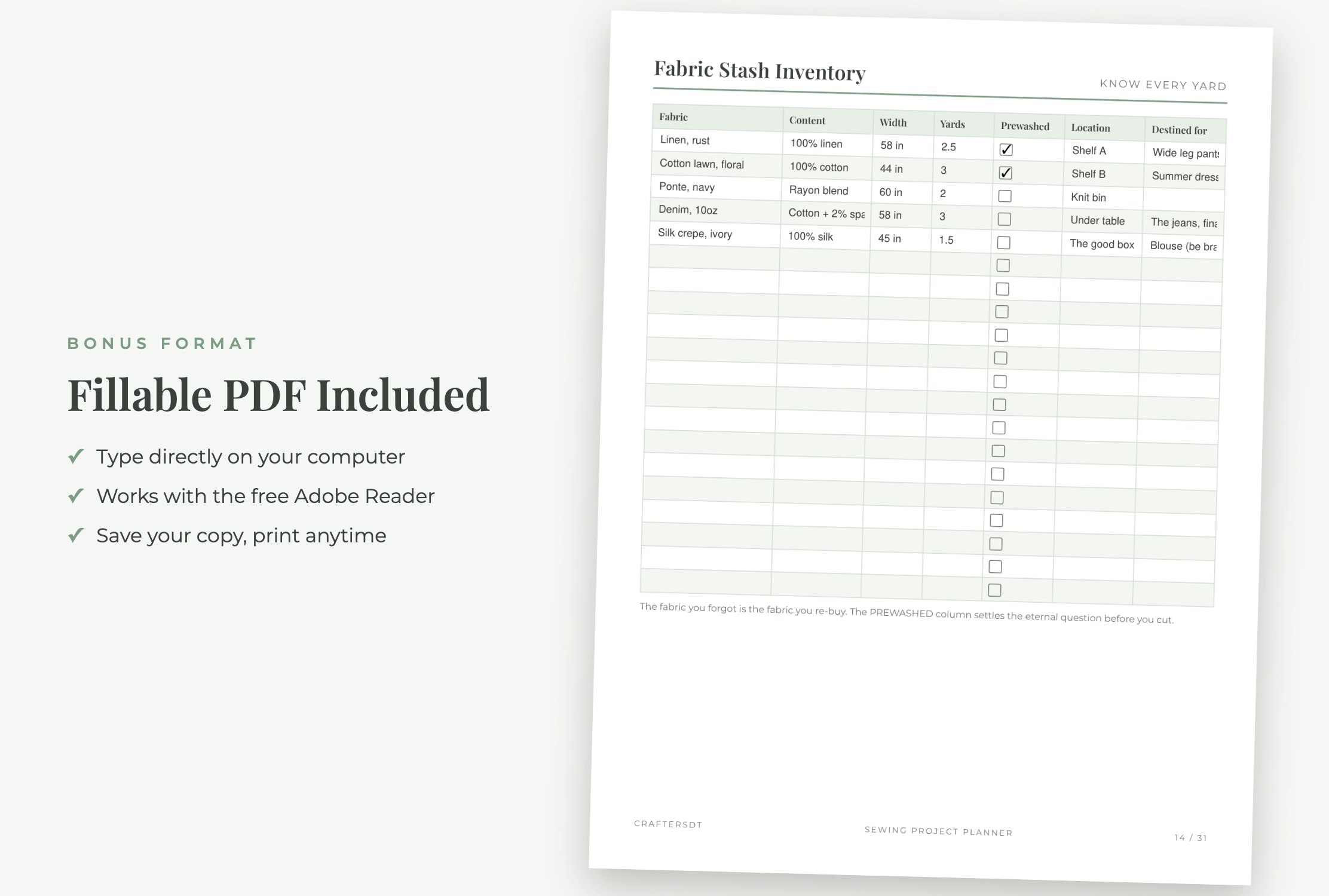 Typed fabric stash inventory with fiber content, width, yardage, prewashed status, storage location and planned project