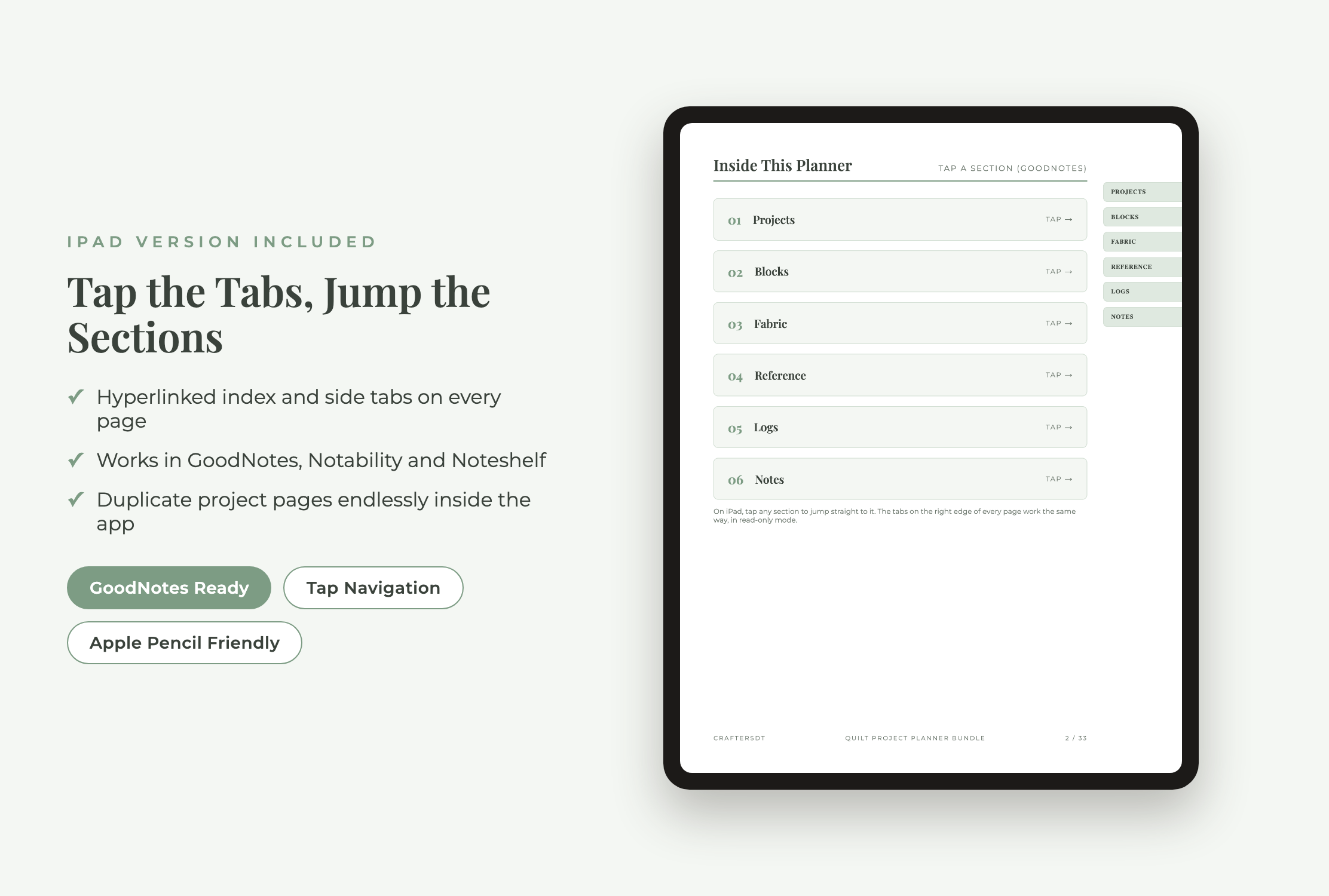 Tablet showing a hyperlinked quilt planner index with Projects, Blocks, Fabric, Reference, Logs and Notes tabs