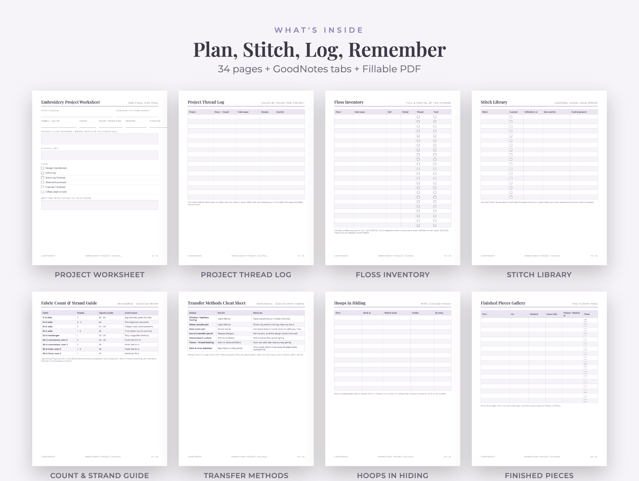 Eight embroidery planner pages for projects, thread colors, floss, stitches, fabric count, transfer methods, unfinished hoops and finished pieces