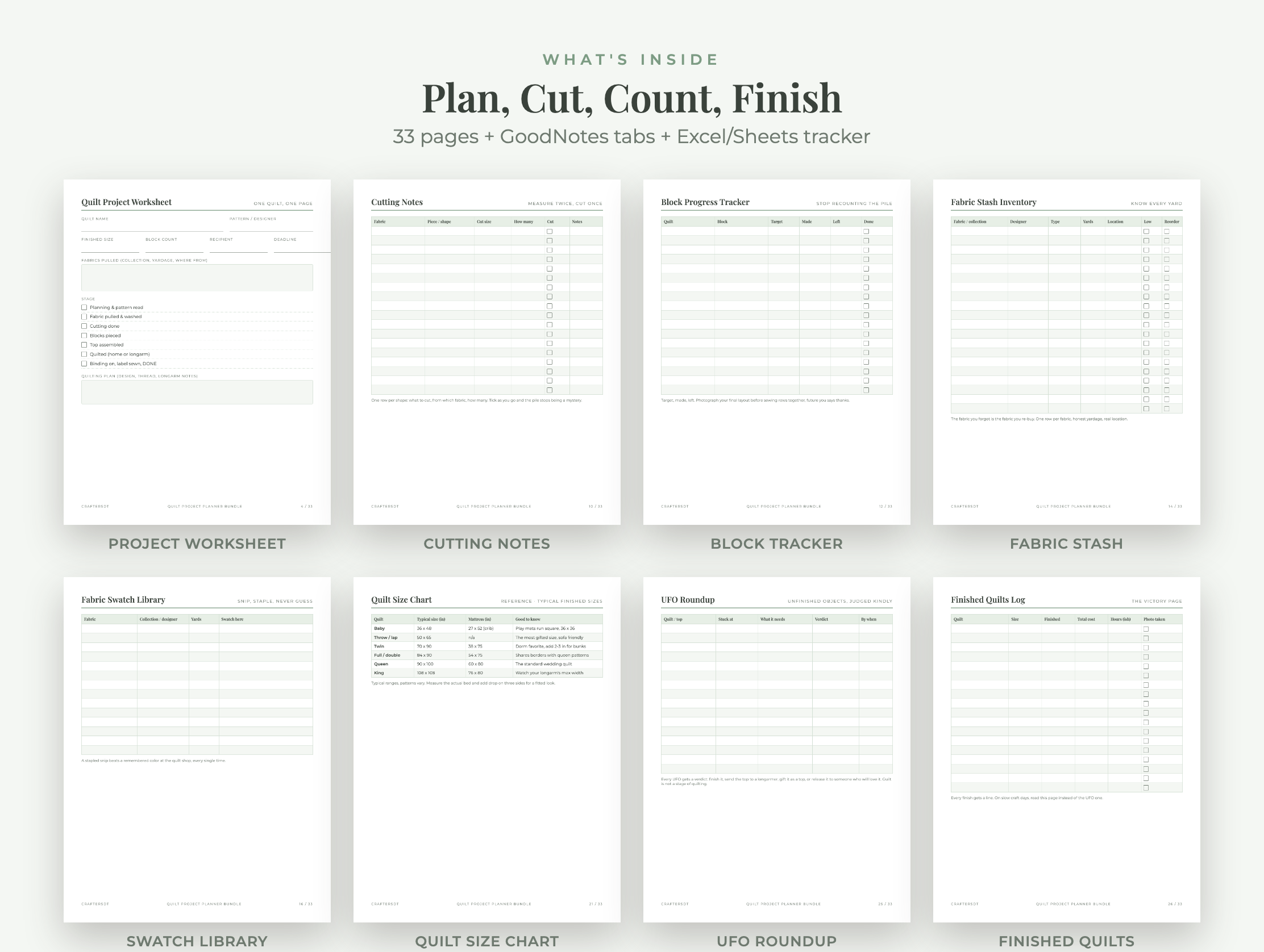 Eight quilt planner pages for projects, cutting, blocks, fabric swatches, UFOs and finished quilts