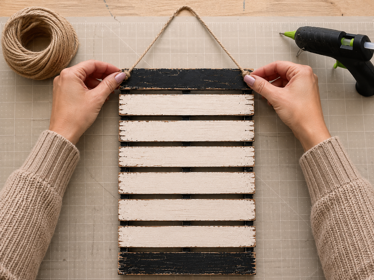 How to attach jute rope hanger - Rustic Farmhouse Halloween Pallet Pocket DIY tutorial