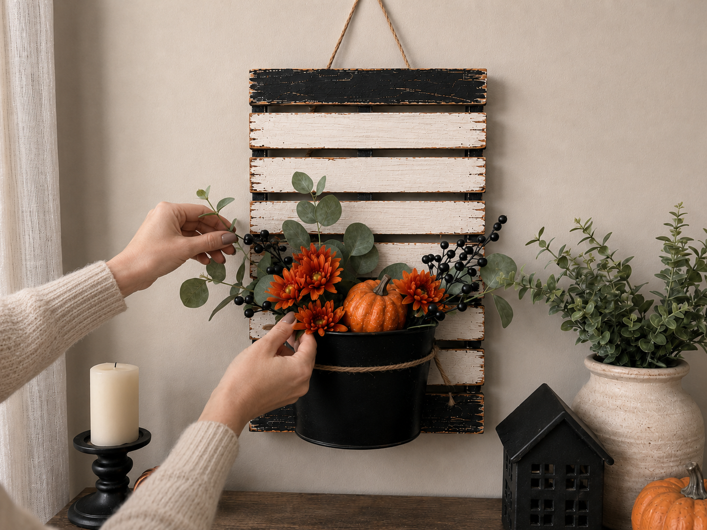 How to arrange faux florals - Rustic Farmhouse Halloween Pallet Pocket DIY tutorial