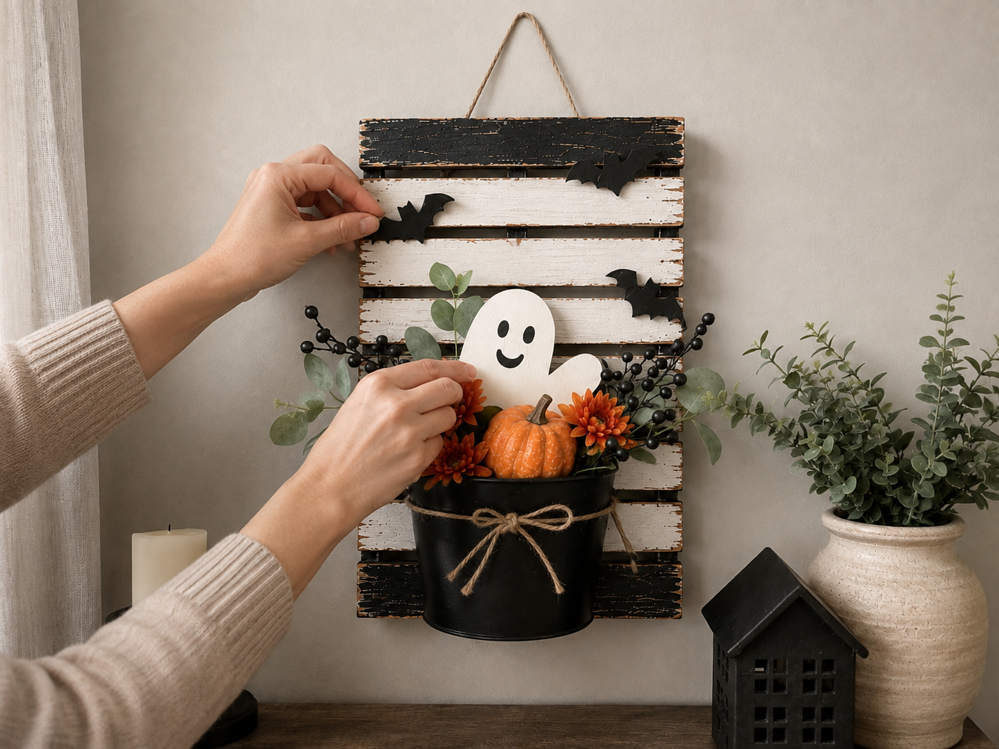 How to add ghost and bat cutouts - Rustic Farmhouse Halloween Pallet Pocket DIY tutorial