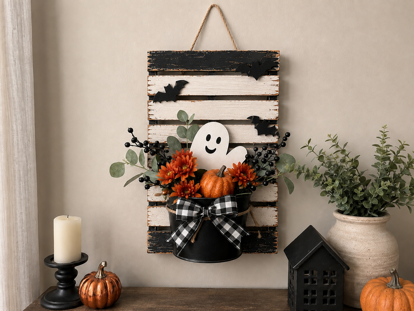 How to embellish with ribbon bow - Rustic Farmhouse Halloween Pallet Pocket DIY tutorial
