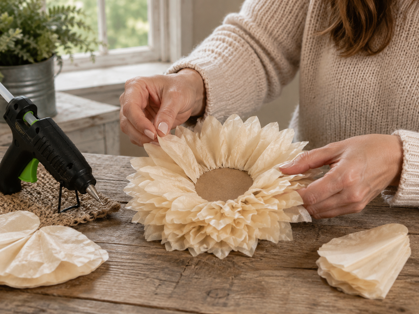 How to assemble the sunflower bloom - Rustic Glow: Upcycled Coffee Filter Sunflower Lighted Vase DIY tutorial