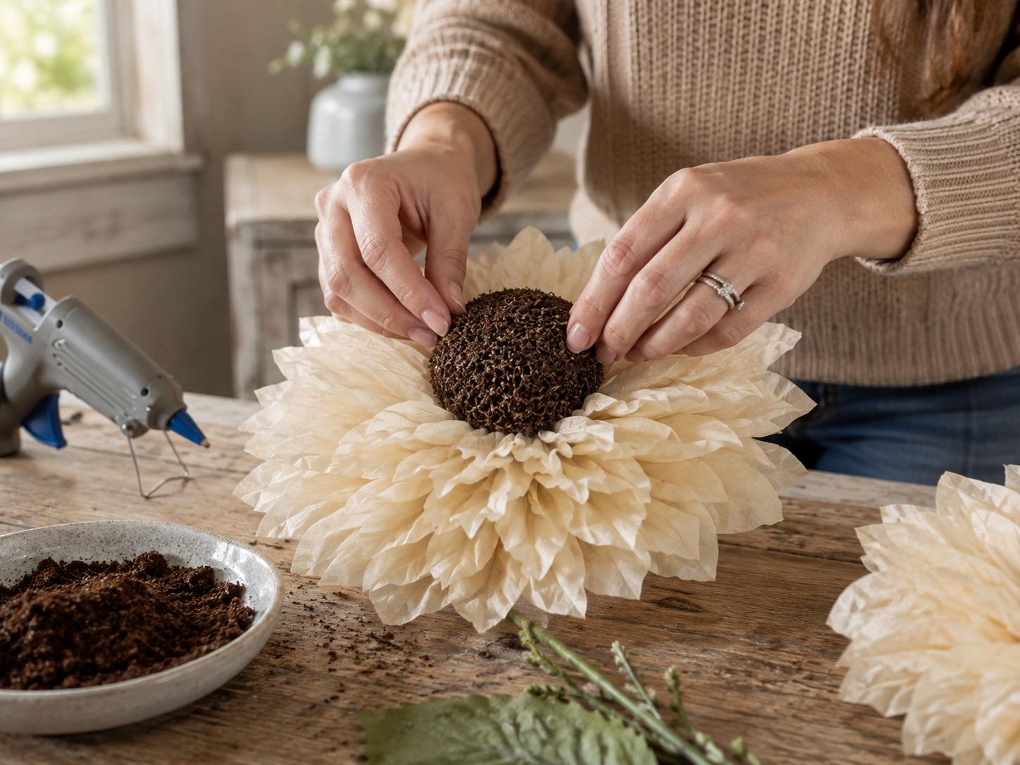 How to create & attach flower center - Rustic Glow: Upcycled Coffee Filter Sunflower Lighted Vase DIY tutorial
