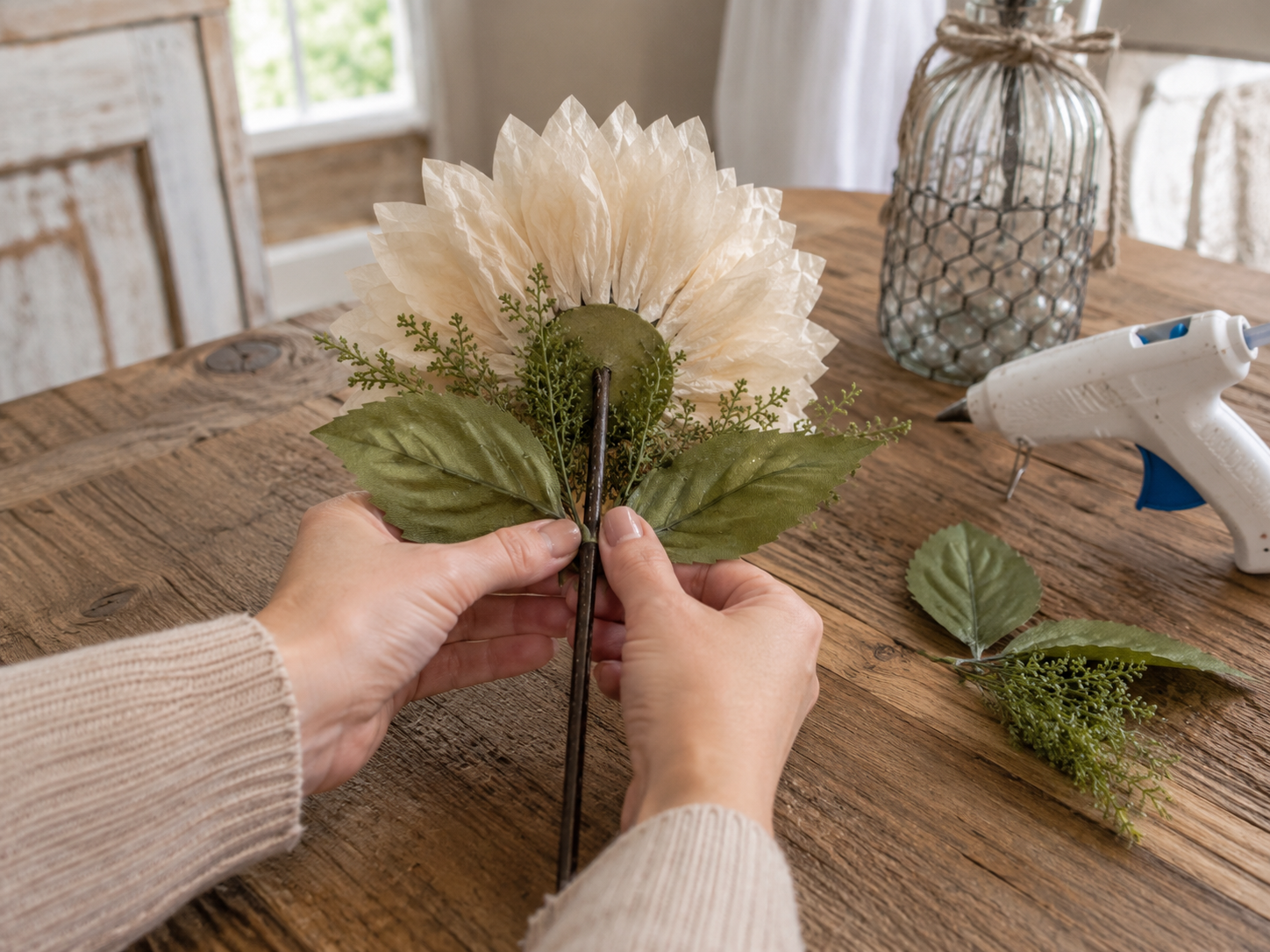 How to build & attach floral stem - Rustic Glow: Upcycled Coffee Filter Sunflower Lighted Vase DIY tutorial