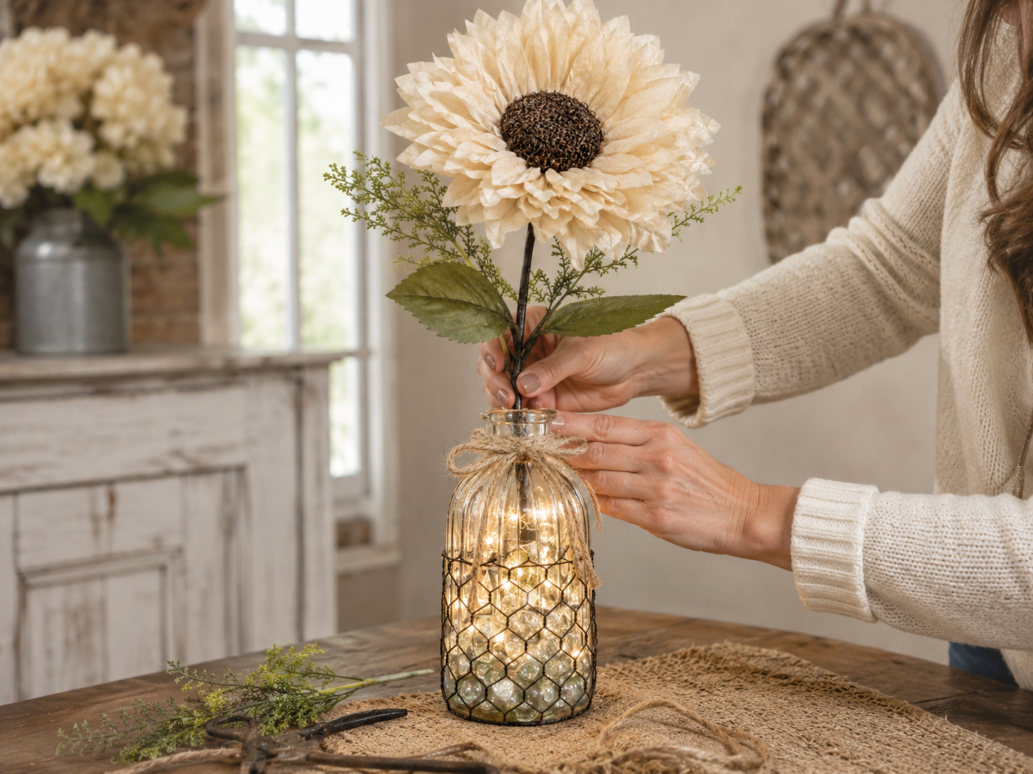 How to insert sunflower into vase - Rustic Glow: Upcycled Coffee Filter Sunflower Lighted Vase DIY tutorial