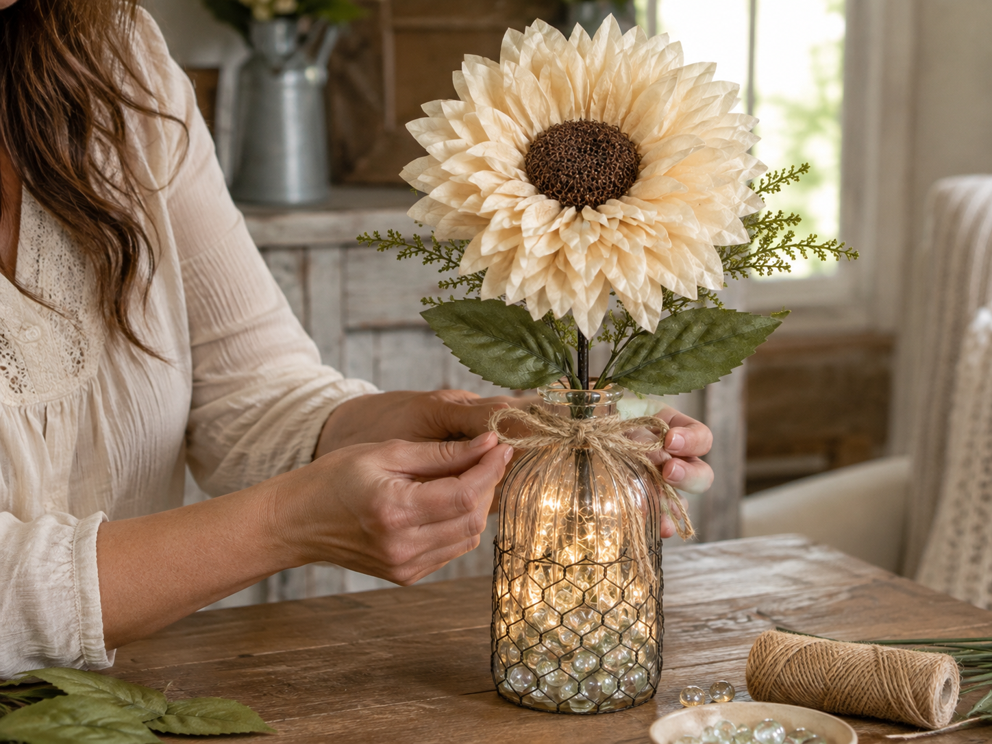 How to add finishing jute twine - Rustic Glow: Upcycled Coffee Filter Sunflower Lighted Vase DIY tutorial