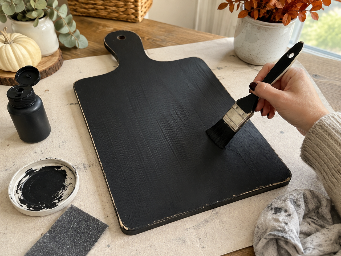 How to prepare & base coat board - Rustic Halloween Cutting Board Wall Decor DIY tutorial