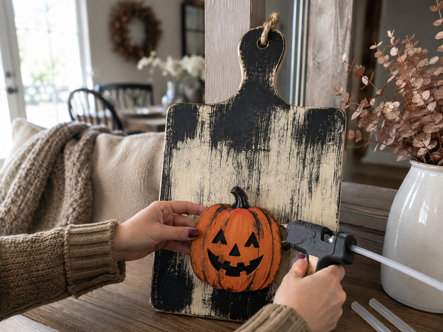 How to attach pumpkin & hanger - Rustic Halloween Cutting Board Wall Decor DIY tutorial