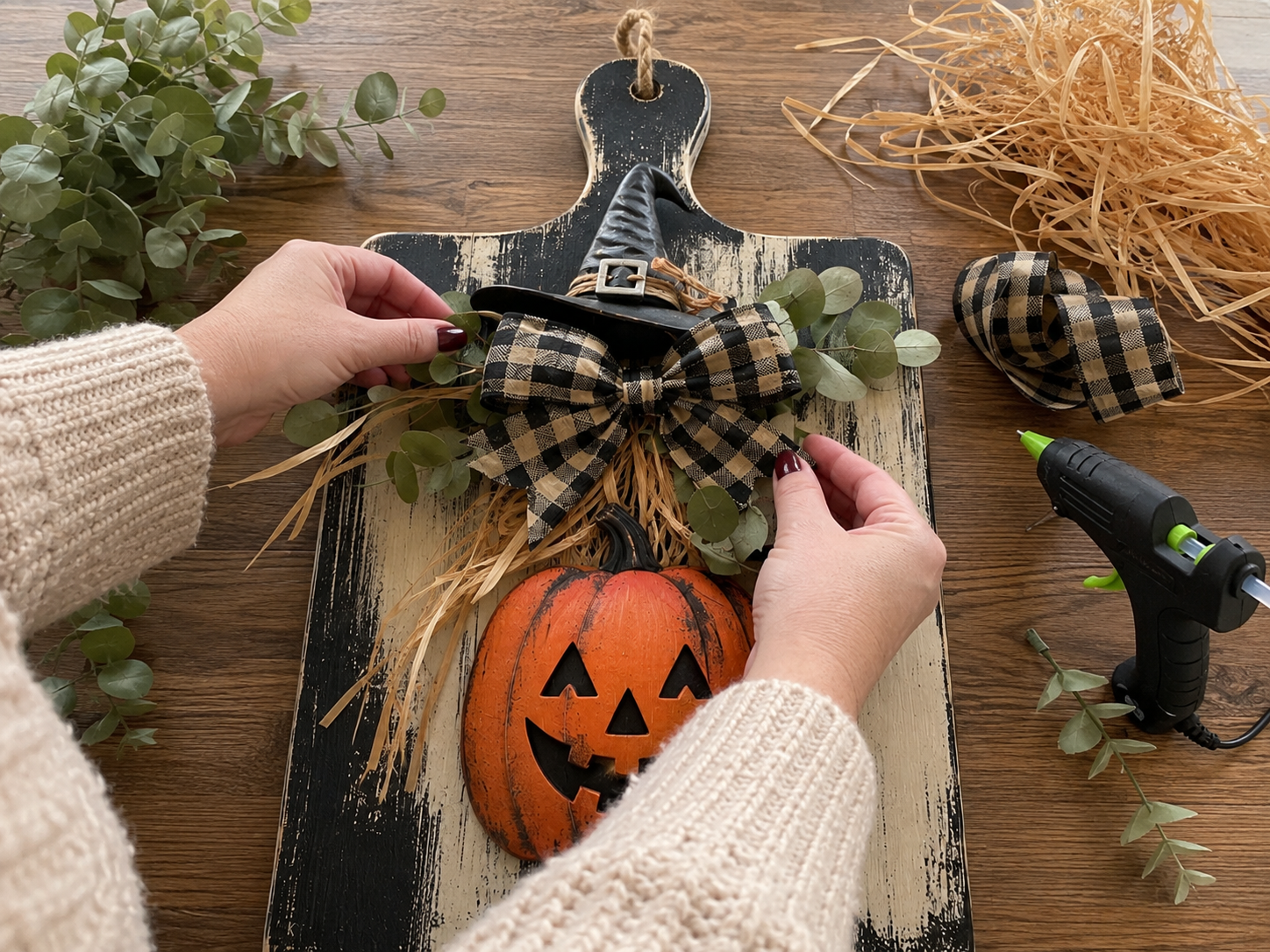 How to assemble witch hat & bow - Rustic Halloween Cutting Board Wall Decor DIY tutorial
