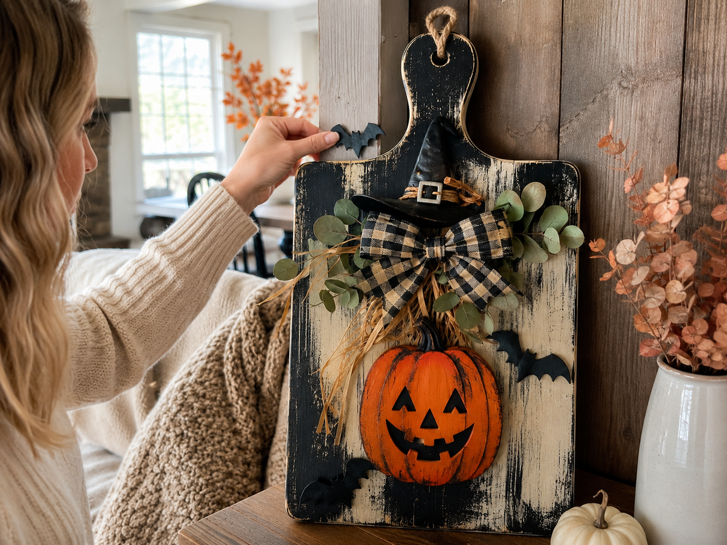 How to add playful bats & finish - Rustic Halloween Cutting Board Wall Decor DIY tutorial