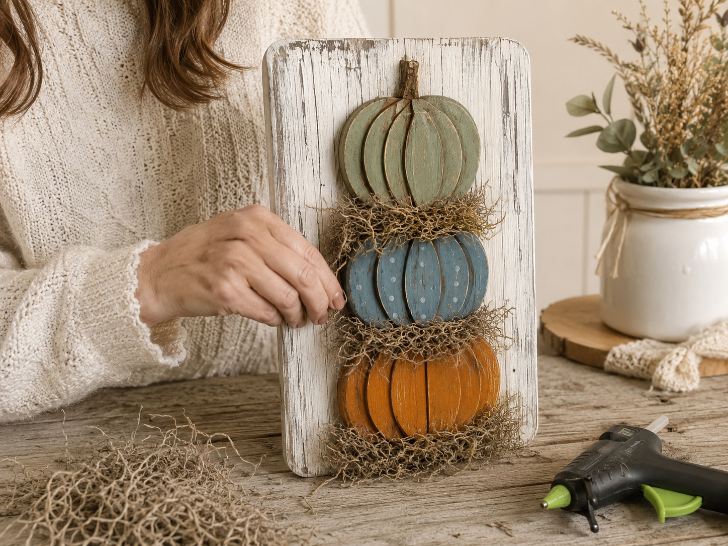 How to add spanish moss accents - Rustic Stacked Pumpkin Wall Plaque DIY tutorial