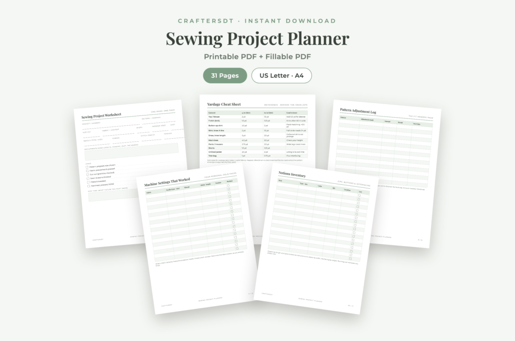 Five sewing planner pages showing a project worksheet, yardage chart, pattern adjustment log, machine settings and notions inventory