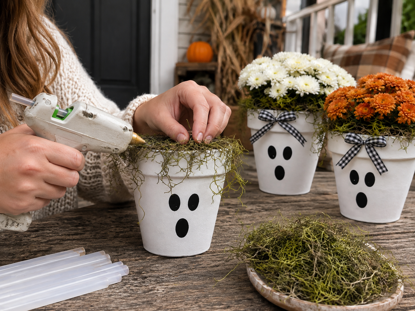 How to secure the moss 'hair' - Spooky Chic Ghost Flower Pot Porch Decor DIY tutorial