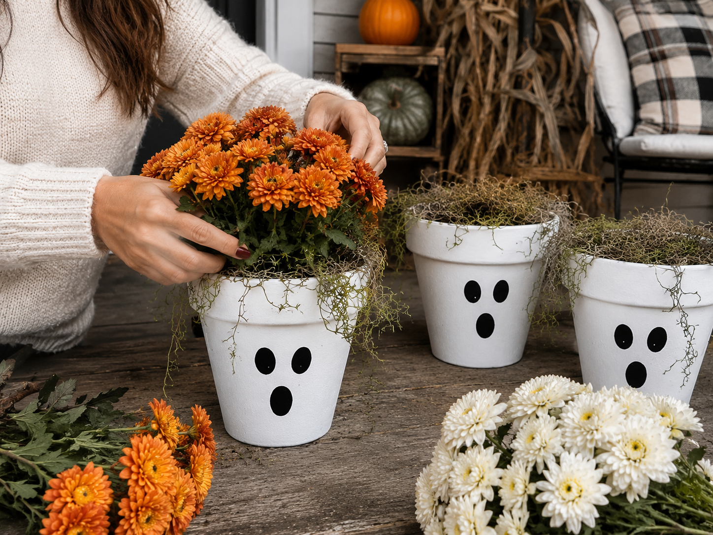 How to plant the faux mums - Spooky Chic Ghost Flower Pot Porch Decor DIY tutorial