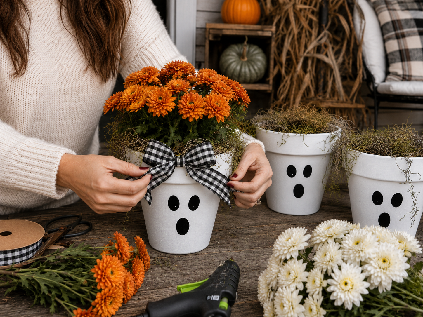 How to add gingham bows - Spooky Chic Ghost Flower Pot Porch Decor DIY tutorial