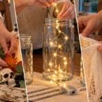 DIY Farmhouse Glowing Ghost Jar Halloween Centerpiece for a Rustic Tray