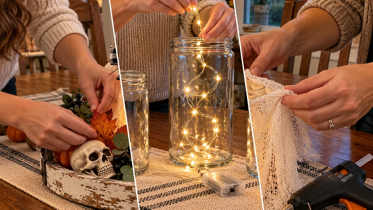 DIY Farmhouse Glowing Ghost Jar Halloween Centerpiece for a Rustic Tray, DIY Holiday & Seasonal craft tutorial for Halloween