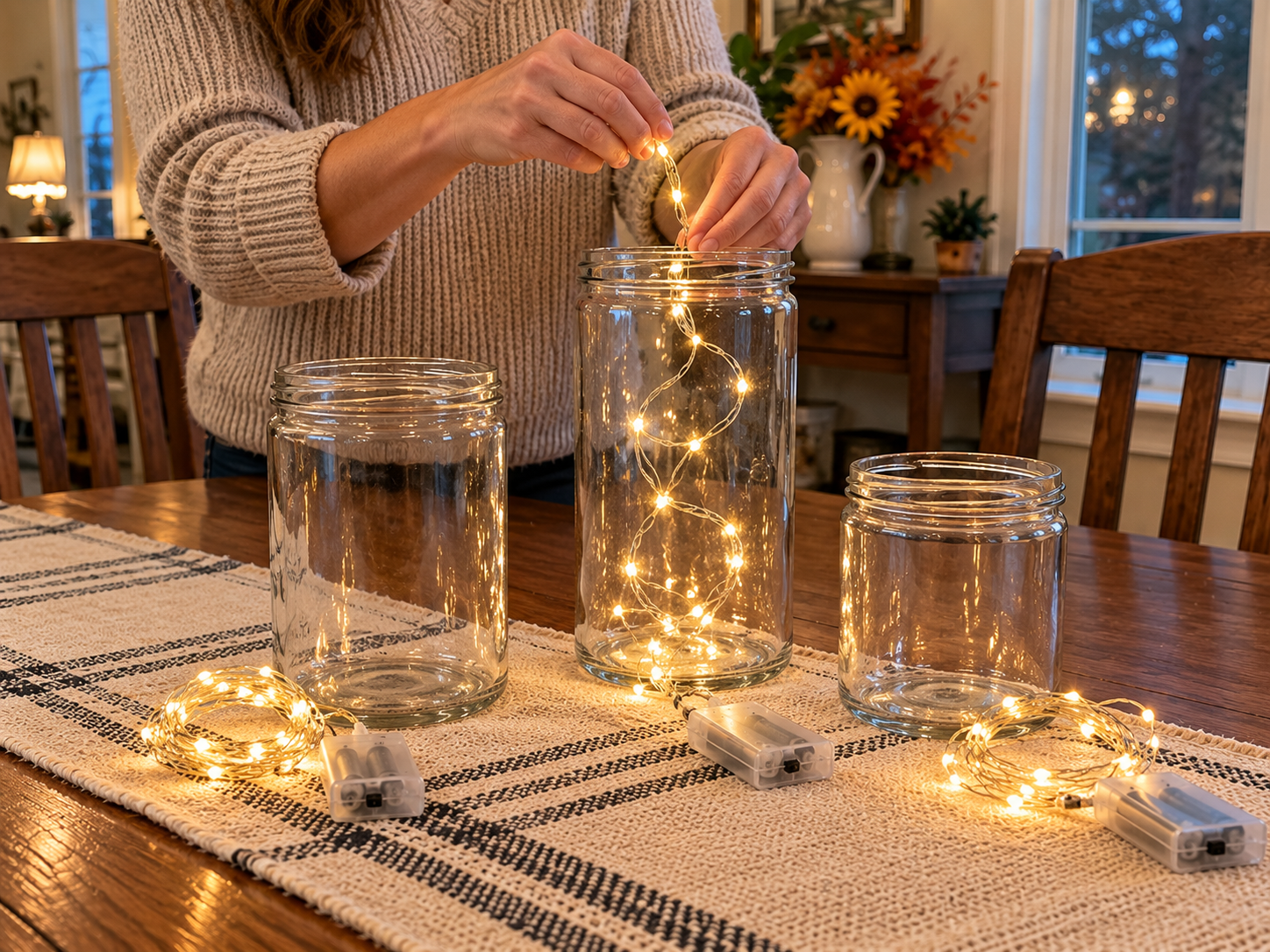 DIY Farmhouse Glowing Ghost Jar Halloween Centerpiece for a Rustic Tray, step 1: Prepare Jars & Lights