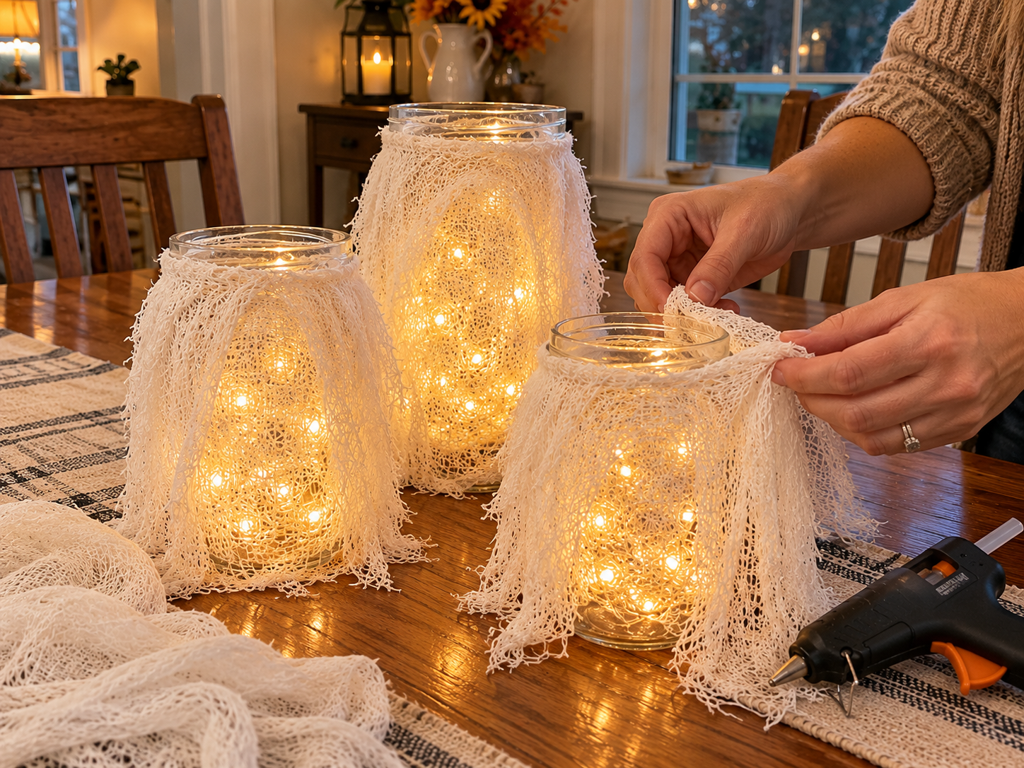 DIY Farmhouse Glowing Ghost Jar Halloween Centerpiece for a Rustic Tray, step 2: Wrap Jars with Gauze