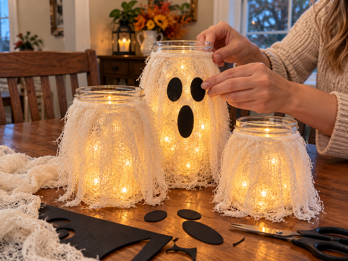 DIY Farmhouse Glowing Ghost Jar Halloween Centerpiece for a Rustic Tray, step 3: Create Ghost Faces
