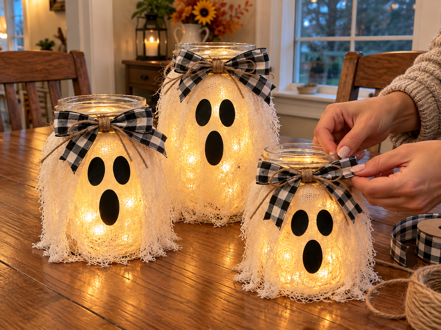 DIY Farmhouse Glowing Ghost Jar Halloween Centerpiece for a Rustic Tray, step 4: Add Jute & Ribbon Bows