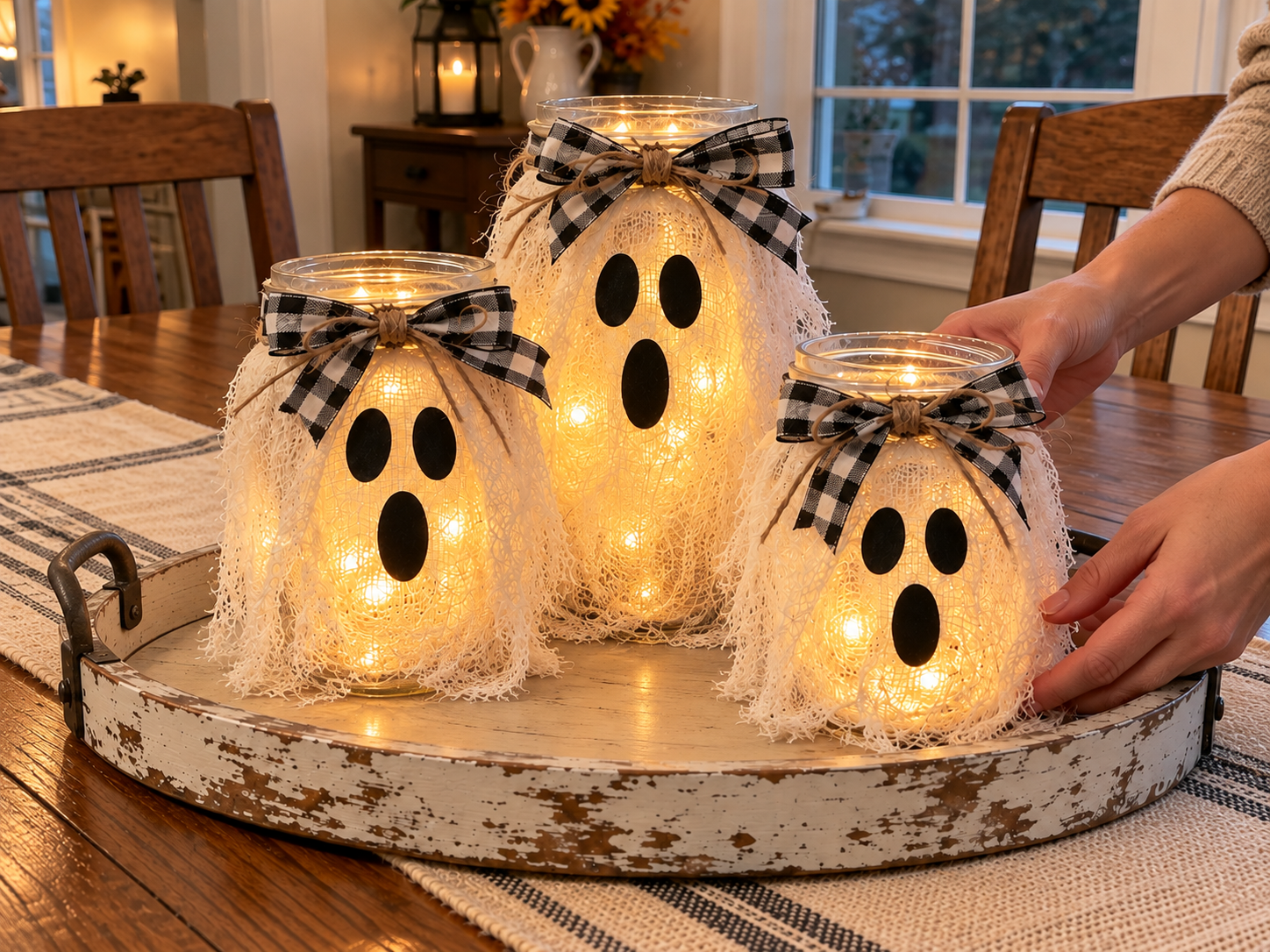 DIY Farmhouse Glowing Ghost Jar Halloween Centerpiece for a Rustic Tray, step 5: Arrange Jars on Tray