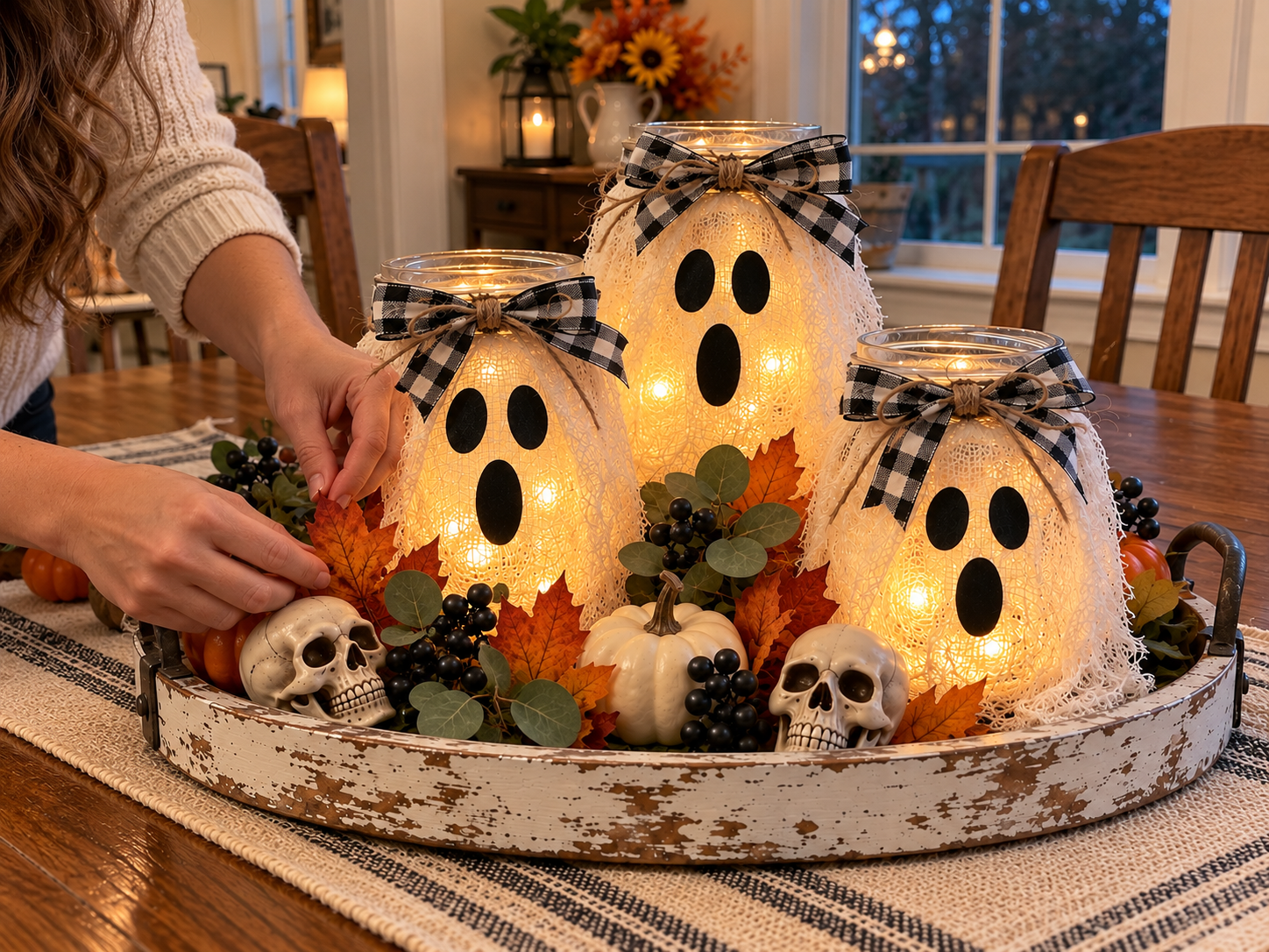 DIY Farmhouse Glowing Ghost Jar Halloween Centerpiece for a Rustic Tray, step 6: Style the Tray