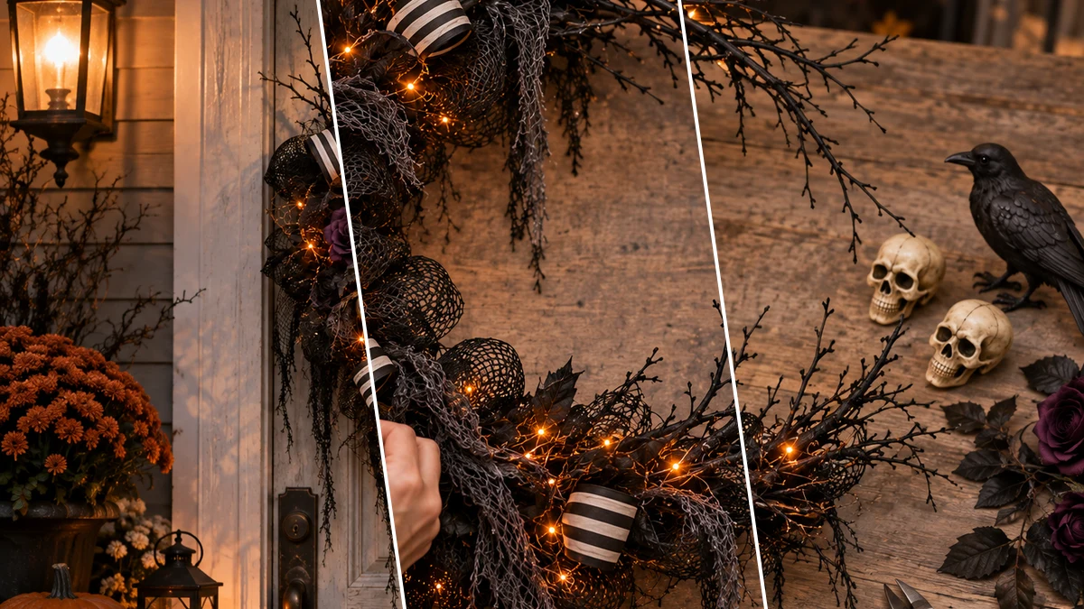 DIY Gothic Crescent Moon Halloween Wreath with Lights for a Front Door, DIY Holiday & Seasonal craft tutorial for Halloween