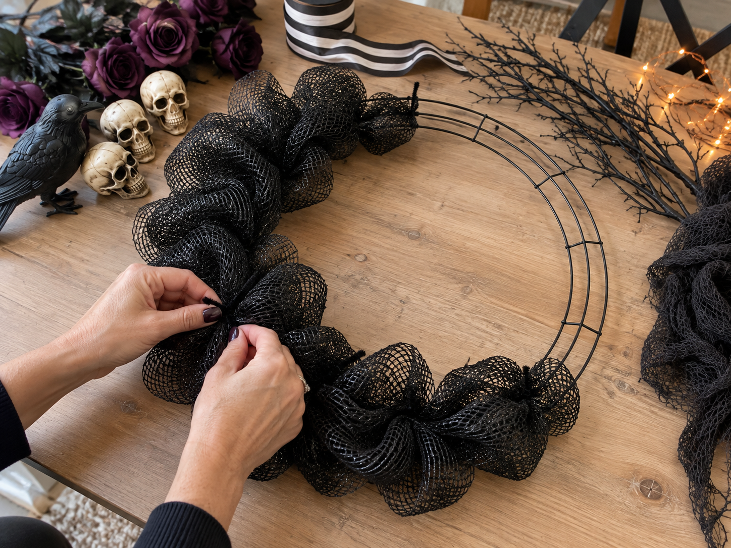 DIY Gothic Crescent Moon Halloween Wreath with Lights for a Front Door, step 1: Create the Crescent Mesh Base