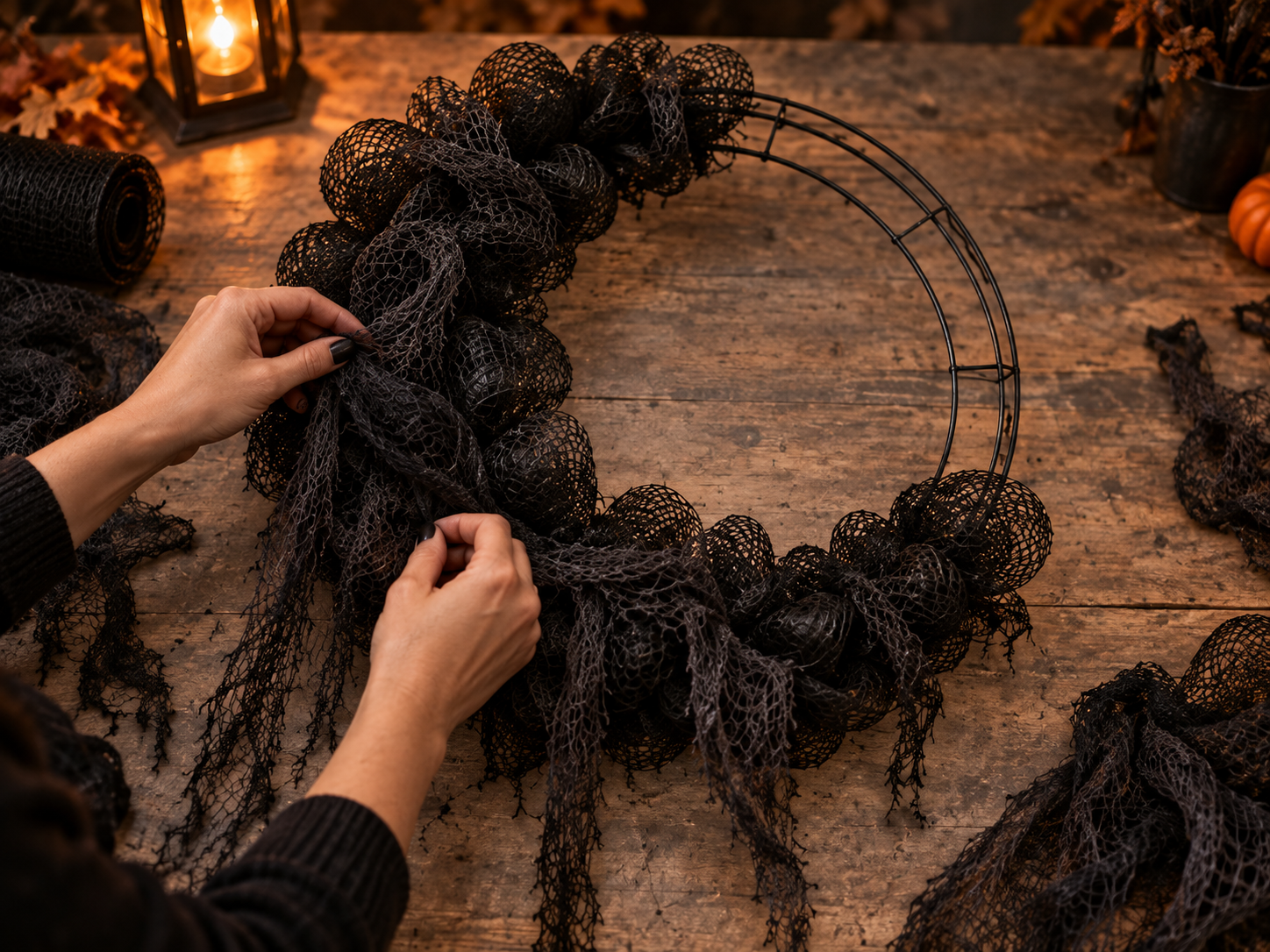 DIY Gothic Crescent Moon Halloween Wreath with Lights for a Front Door, step 2: Layer Creepy Cloth Texture