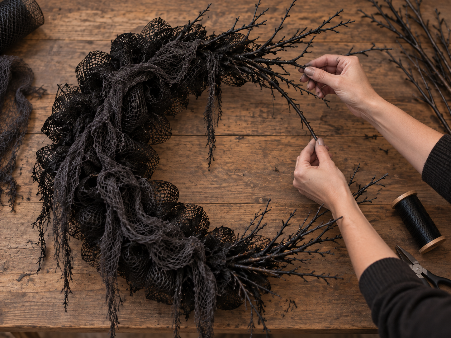 DIY Gothic Crescent Moon Halloween Wreath with Lights for a Front Door, step 3: Define Crescent with Branches