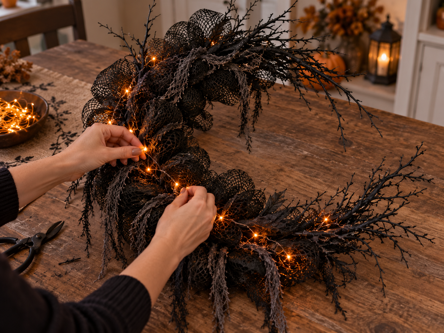 DIY Gothic Crescent Moon Halloween Wreath with Lights for a Front Door, step 4: Weave in Fairy Lights