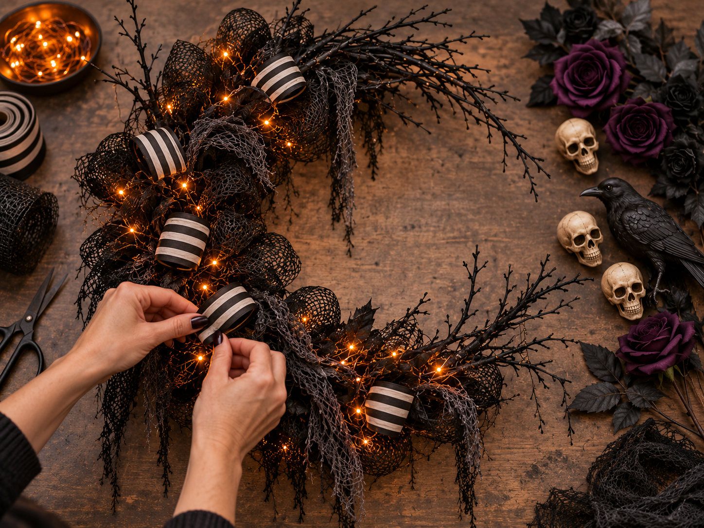 DIY Gothic Crescent Moon Halloween Wreath with Lights for a Front Door, step 5: Place Ribbon Loops