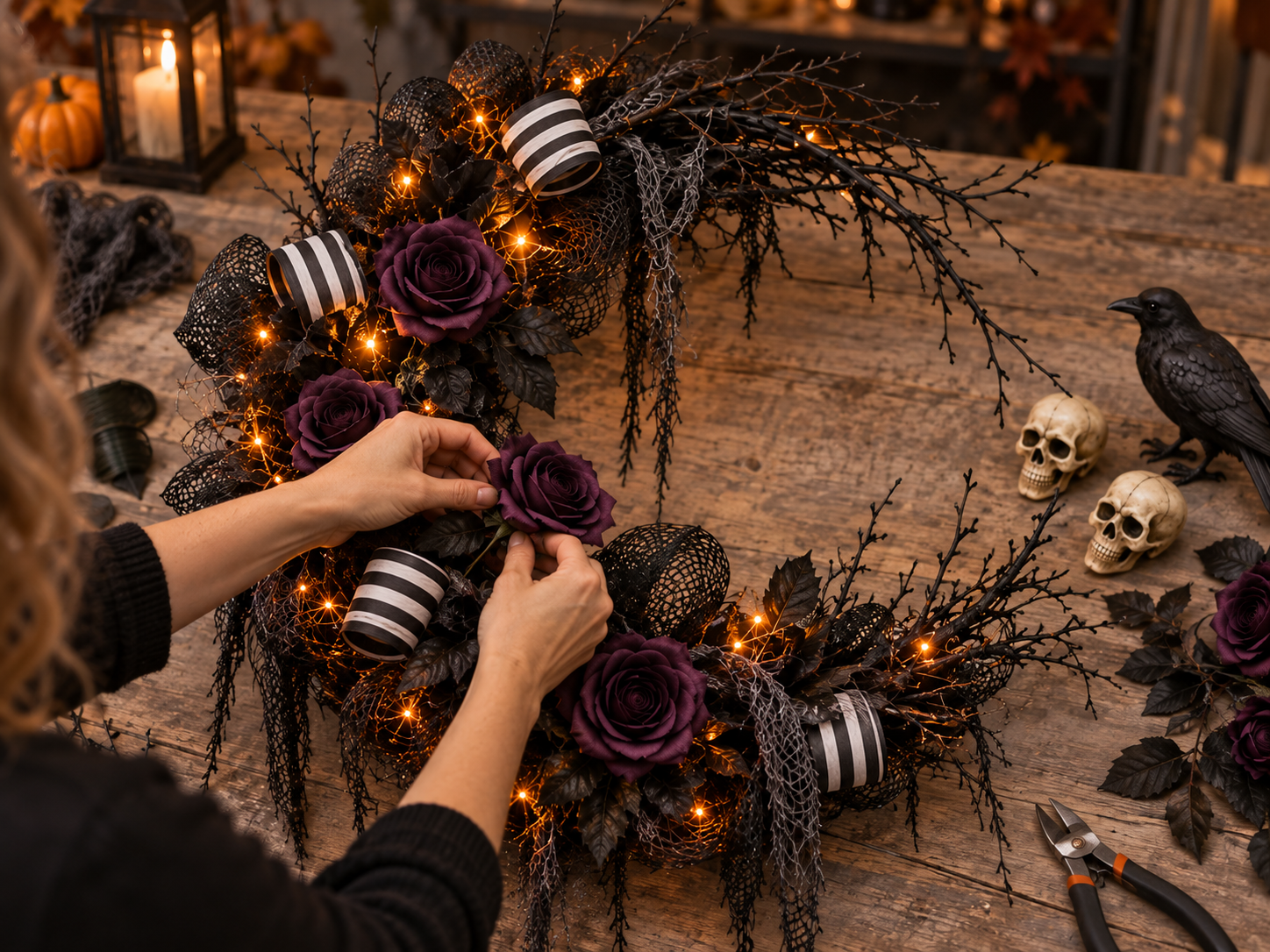 DIY Gothic Crescent Moon Halloween Wreath with Lights for a Front Door, step 6: Arrange Dark Faux Roses