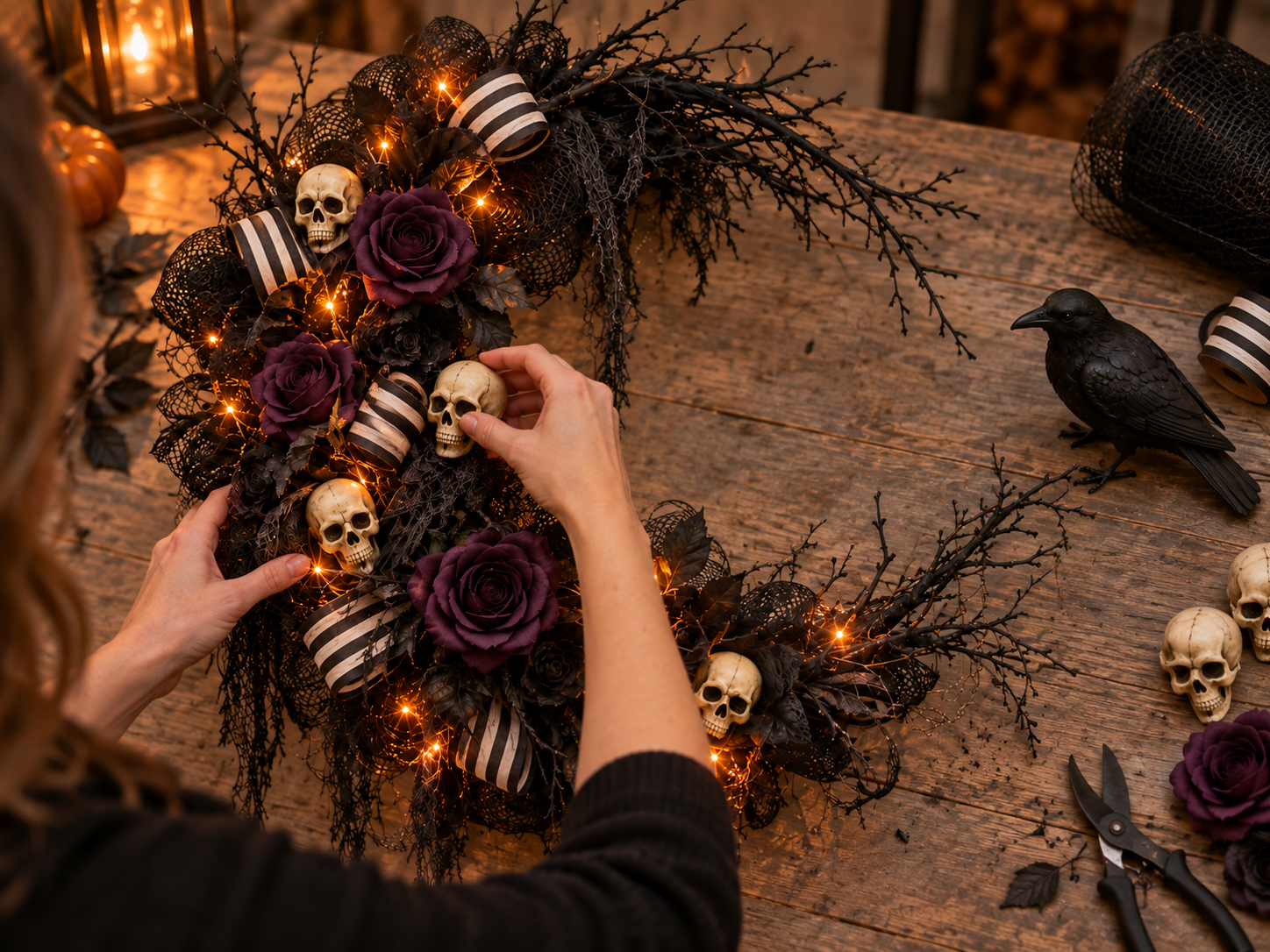 DIY Gothic Crescent Moon Halloween Wreath with Lights for a Front Door, step 7: Tuck in Skull Accents