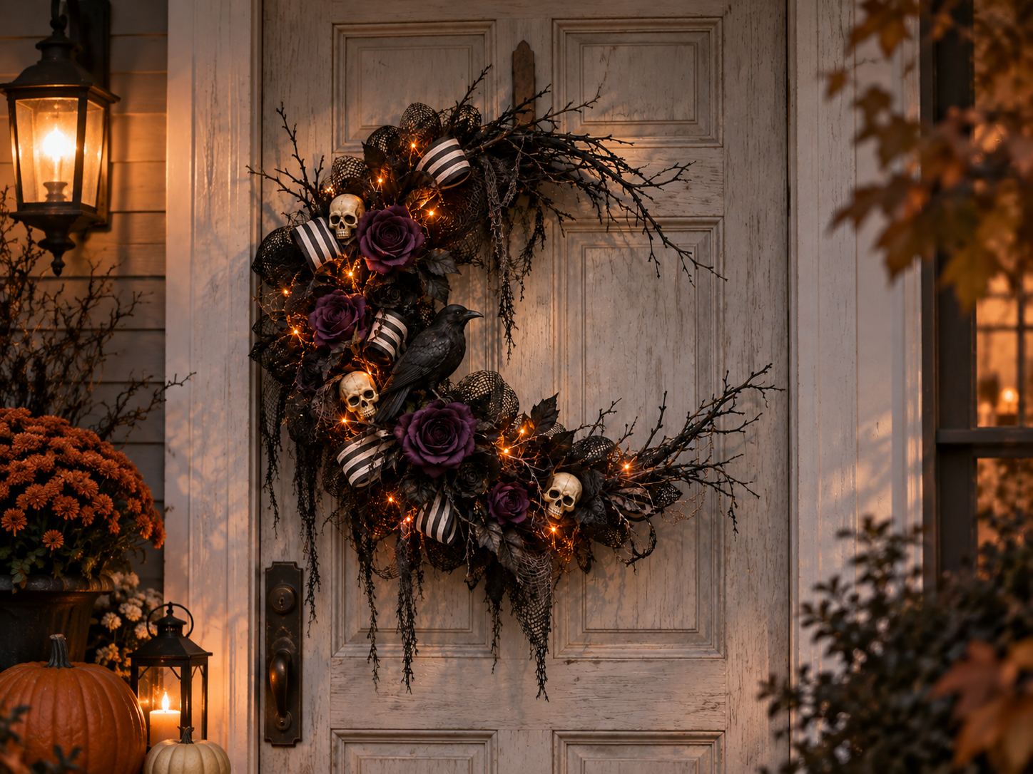 DIY Gothic Crescent Moon Halloween Wreath with Lights for a Front Door, step 8: Position Raven & Final Touch