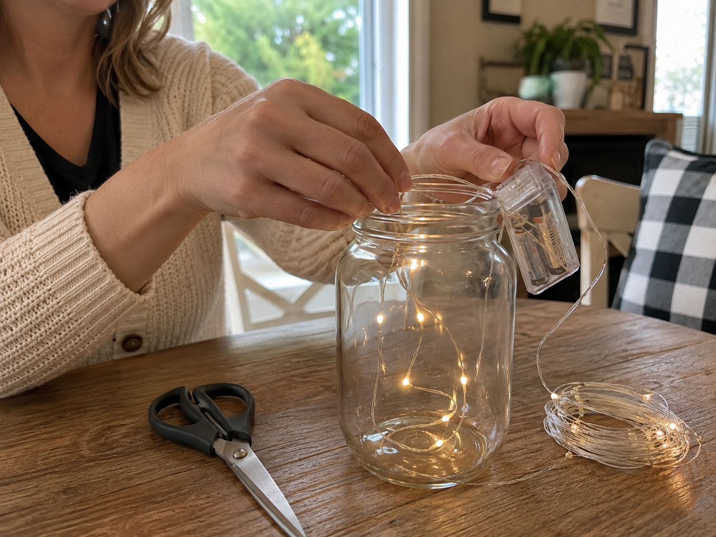 DIY Rustic Ghost Mason Jar Lantern for Cozy Halloween Fall Tables, step 1: Prepare the Jar and Lights