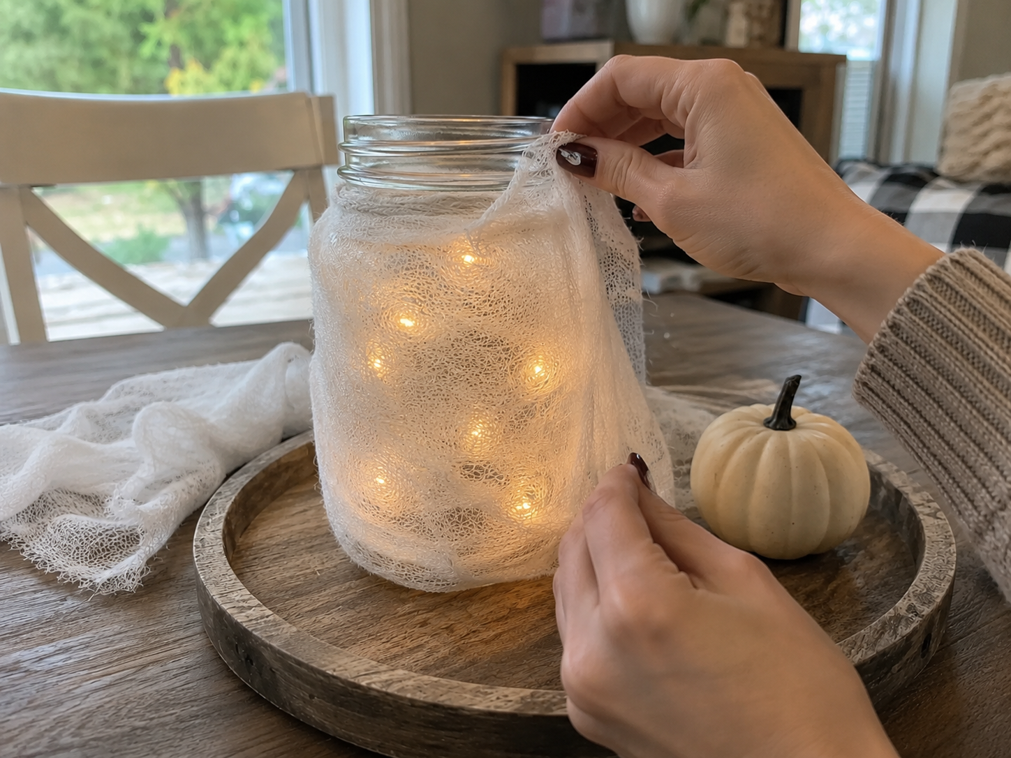 DIY Rustic Ghost Mason Jar Lantern for Cozy Halloween Fall Tables, step 2: Drape the Ghost Body