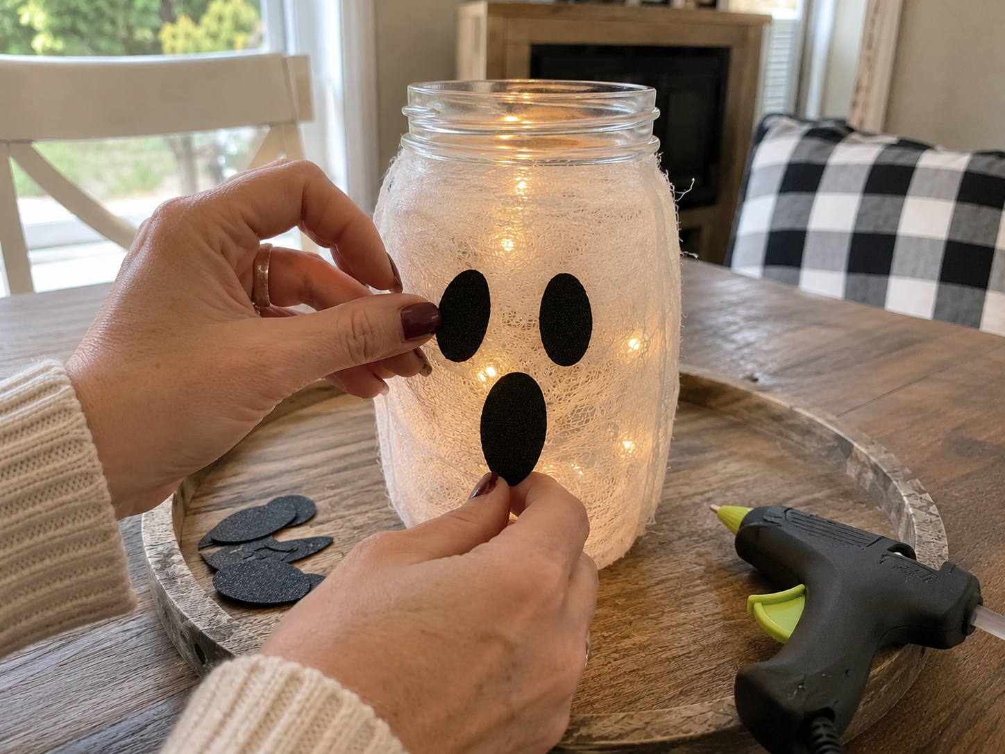 DIY Rustic Ghost Mason Jar Lantern for Cozy Halloween Fall Tables, step 3: Create the Ghost Face